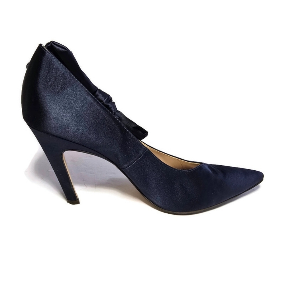 Nine West Blue Satin Oversized Bow Pumps Stilettos Heels Sz 8.5 Pointed - Picture 15 of 16